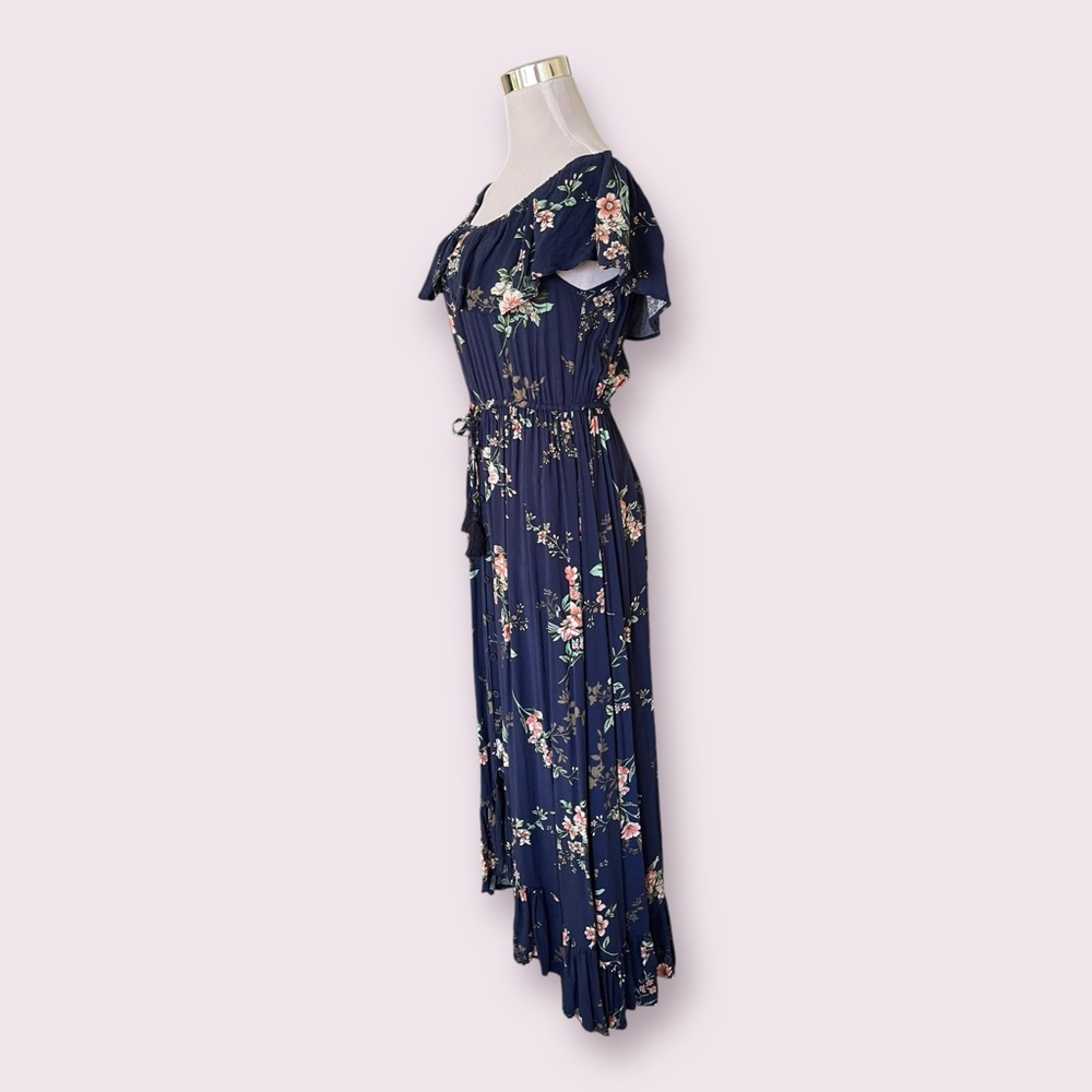 Band Of Gypsies Off The Shoulder Navy Floral Ruffle Maxi Dress - Picture 3 of 4